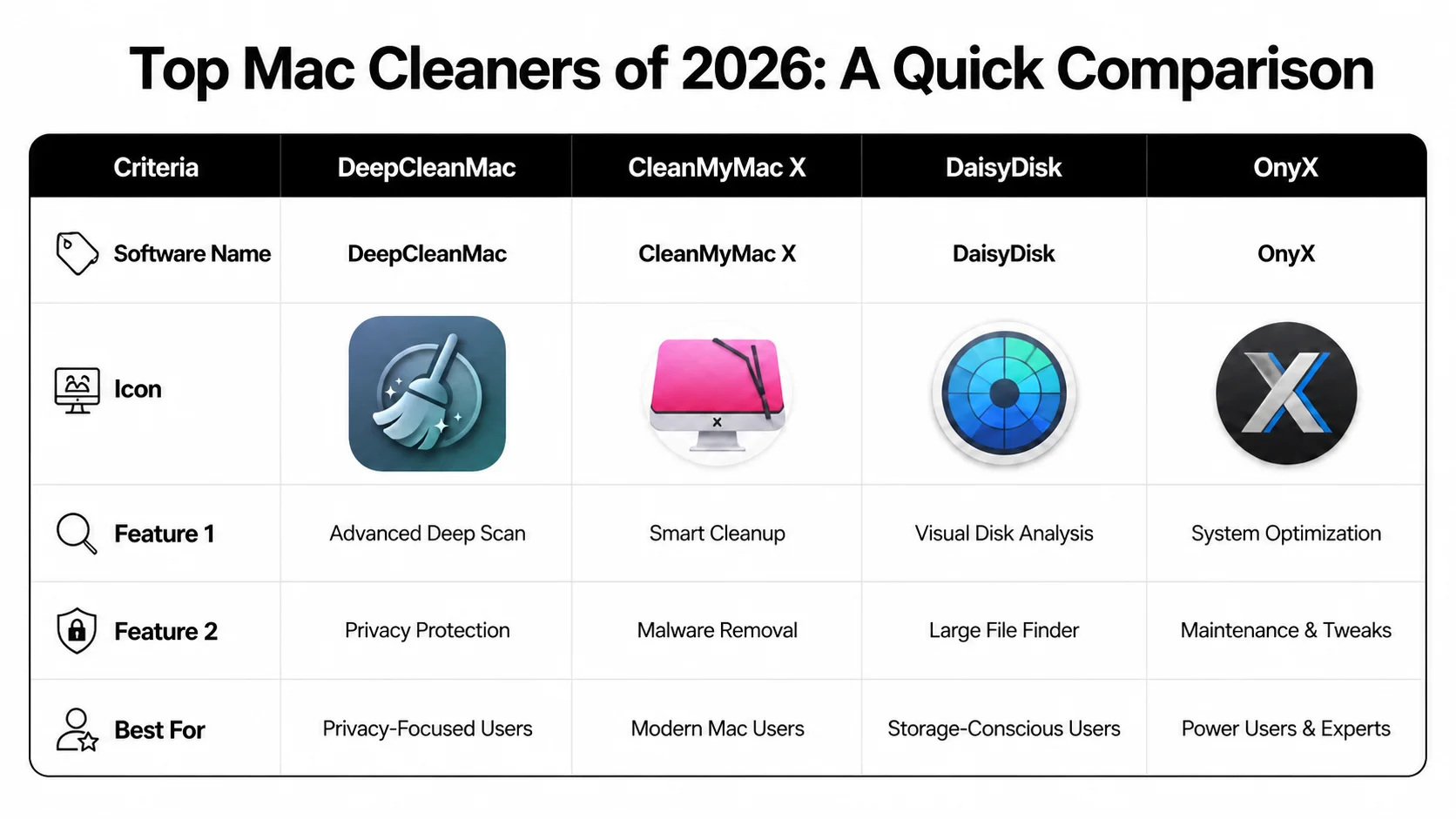 A comparison table of the top Mac cleaner software applications available in 2026, including features and target users.