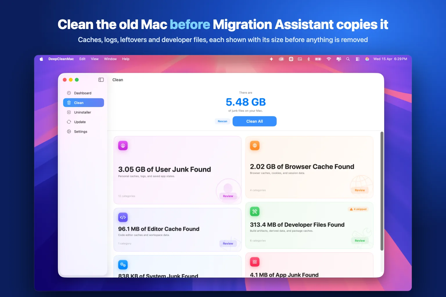 DeepCleanMac Clean screen showing 5.48 GB of junk files found, split into user junk, browser cache, editor cache, developer files, system junk and app junk, each with a Review button before anything is removed