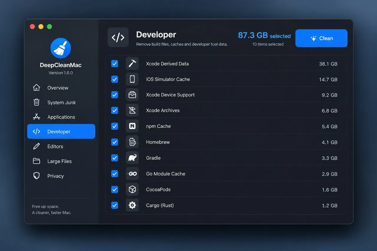 DeepCleanMac's Developer section showing 87.3 GB recoverable across Xcode Derived Data, iOS Simulator Cache, device support, archives and package manager caches for npm, Homebrew, Gradle, Go, CocoaPods and Cargo