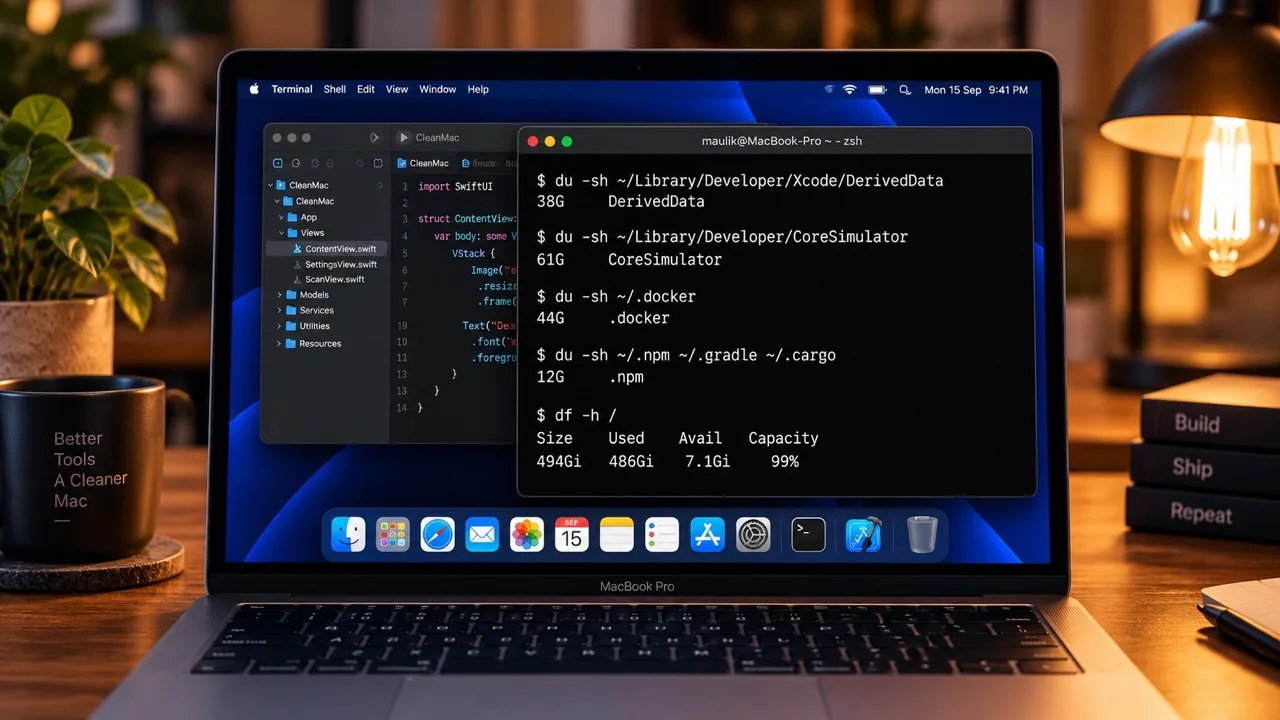 Terminal on a MacBook showing du output for developer caches - 38G in Xcode DerivedData, 61G in CoreSimulator, 44G in Docker and 12G in package manager caches - with df reporting only 7.1Gi free on a 494Gi disk