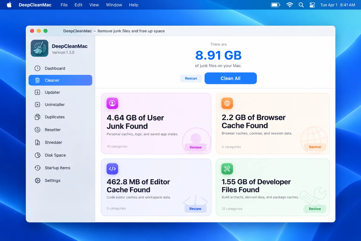 DeepCleanMac Cleaner showing 8.91 GB of junk files found on a Mac, broken down into user junk, browser cache, editor cache, and developer files