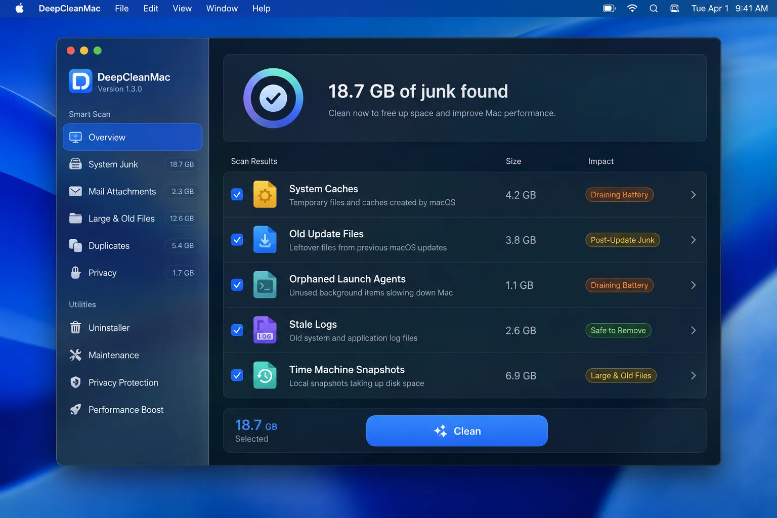 DeepCleanMac app showing background process cleanup results with recoverable resources highlighted for better battery life