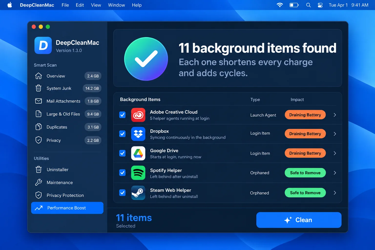 DeepCleanMac showing 11 background items found on a Mac, with Adobe Creative Cloud, Dropbox and Google Drive flagged as draining battery