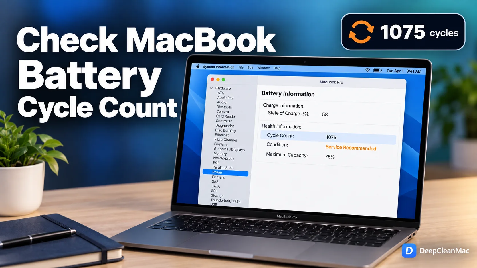 How to check cycle count on a MacBook - System Information Power pane showing a cycle count of 1075, Service Recommended condition, and 75% maximum capacity