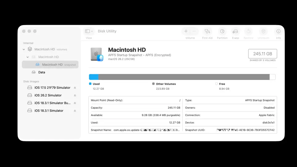 Disk Utility application on Mac showing Macintosh HD capacity, used space, and available storage