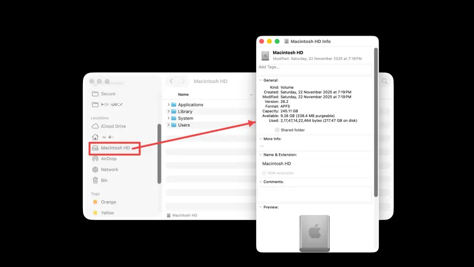 Finder Get Info window showing Macintosh HD capacity, available space, and used storage on Mac