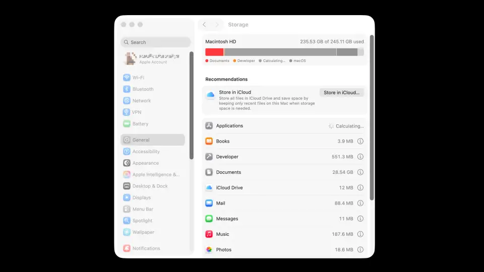 macOS System Settings > General > Storage panel showing a color-coded storage bar with categories like Apps, Documents, macOS, and System Data