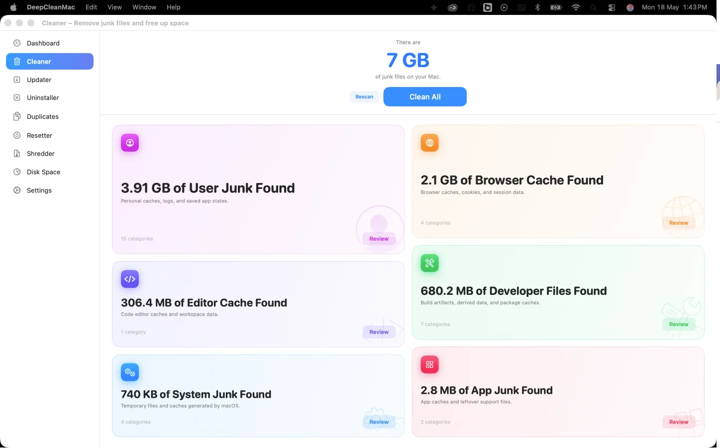 DeepCleanMac app showing system data scan results with recoverable junk files highlighted across hidden system locations