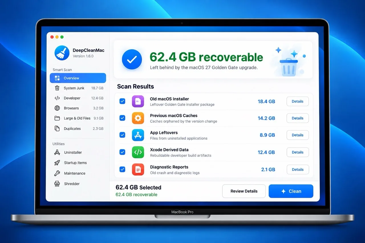 DeepCleanMac showing 62.4 GB recoverable after a macOS 27 Golden Gate upgrade, including a leftover macOS installer and caches orphaned by the version change