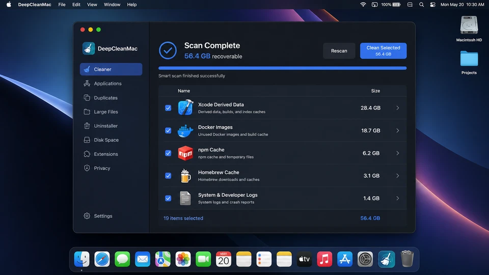 DeepCleanMac scanning Xcode derived data, Docker images, and package manager caches on a developer's Mac